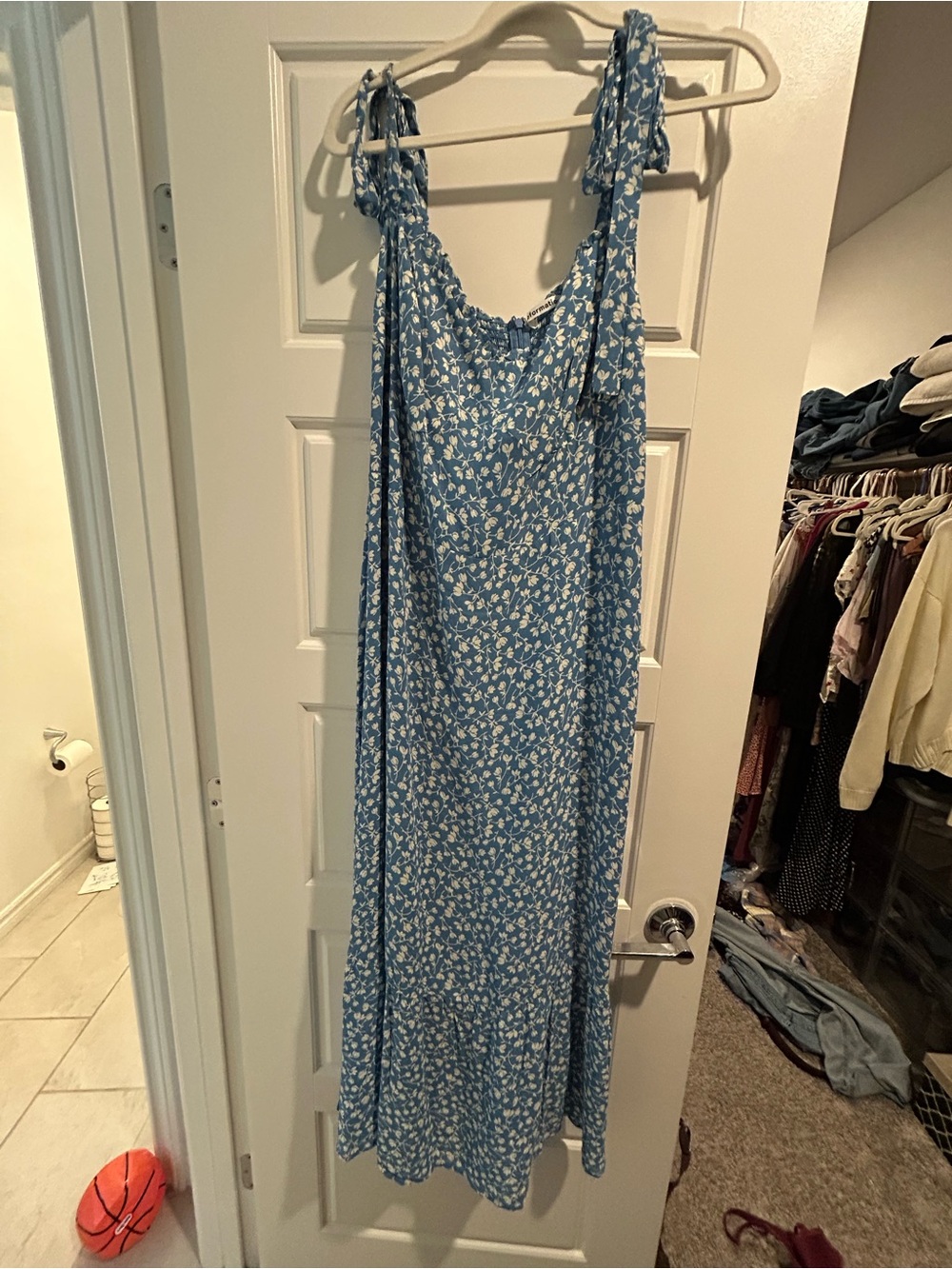 Reformation Blue and White Floral Tie-Shoulder Maxi Dress